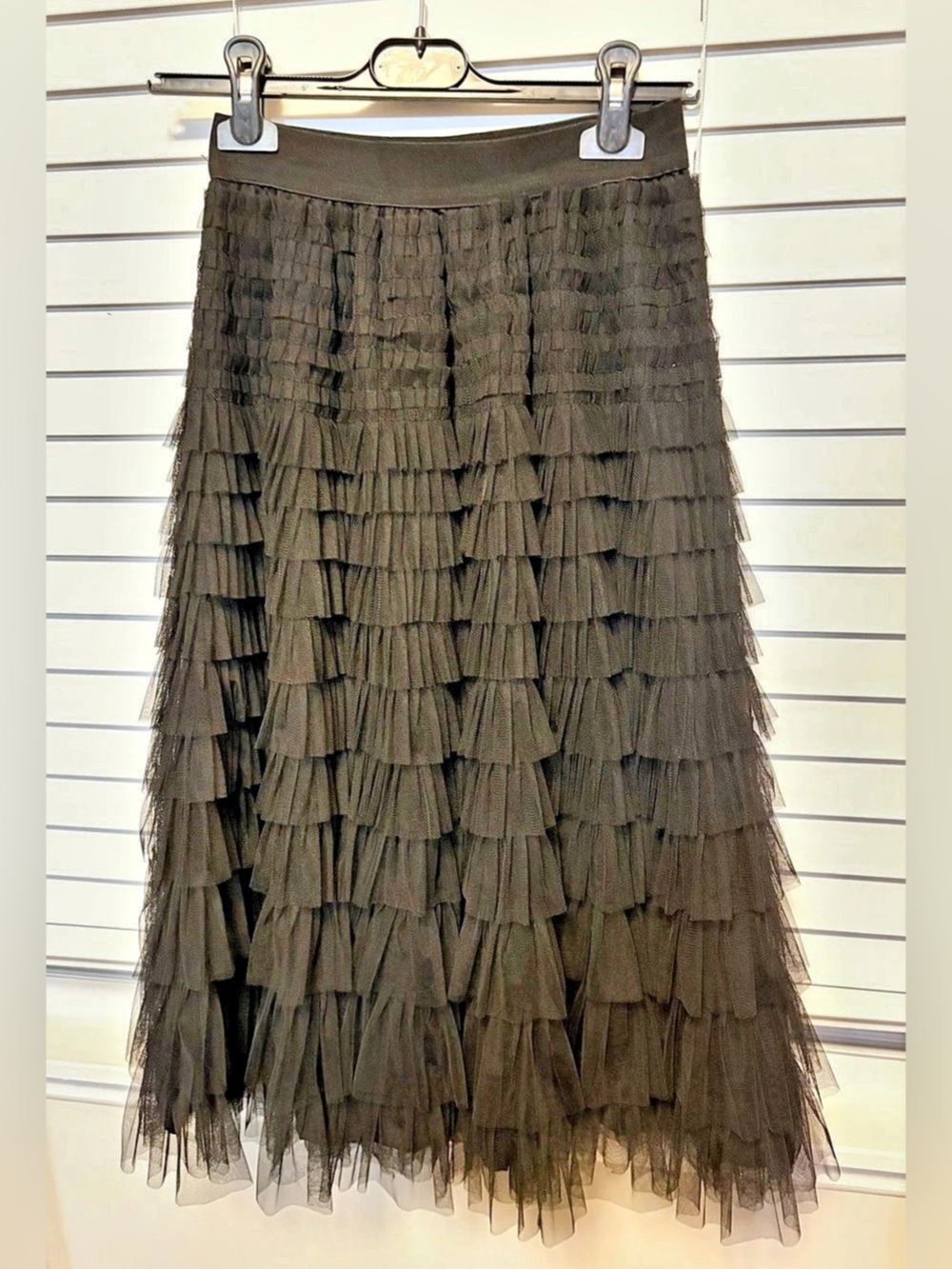 W.A.Y Black Tiered Ruffle Midi Skirt, Size Small — Like New!